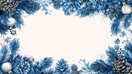 Merry Christmas and Happy New year blue square frame greeting card. Social media post template. Hand drawn sinter festive background with sketch botany elements. illustration with copy space