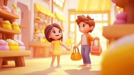 Black Friday Shopping Frenzy Pastel colored 3D cartoon style illustration.