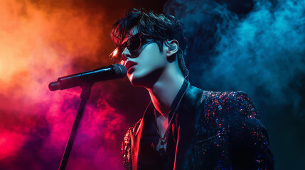 Close up portrait of a korean k-pop singer singing to a microphone and wearing sunglasses, stage smoke background with copy space	