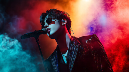 Close up portrait of a korean k-pop singer singing to a microphone and wearing sunglasses, stage smoke background with copy space	