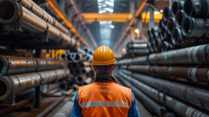 Fototapeta premium Worker in safety gear inspects industrial warehouse filled with metal pipes during daylight hours