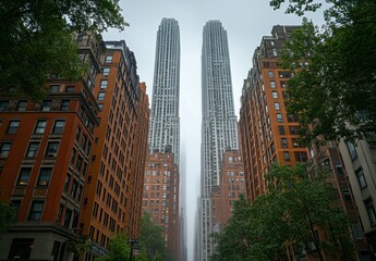 Obraz premium Majestic Towers Amidst Urban Landscape: A Symmetrical View of Iconic Twin Skyscrapers Framed by Classic Red Brick Architecture in a Misty Morning Atmosphere