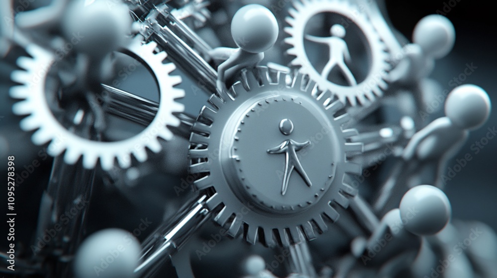 Aufkleber teamwork and collaboration: 3d figures pushing interlocking gears forward