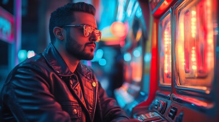 Fototapeta premium Man in leather jacket playing slot machine at night.