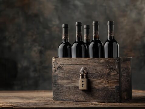 A handcrafted wooden box with vintage locks, containing rare wine bottles, set against a luxurious background