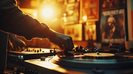 DJ hands mixing vinyl records on turntables in a dimly lit bar.