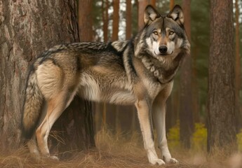 Majestic Wolf Stands Gracefully in Serene Forest Landscape, Showcasing Detailed Fur and Intense Gaze Amidst Dramatic Natural Backdrop of Trees and Foliage