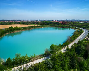 Fototapeta premium Stunning Aerial View of a Serene Lake Surrounded by Lush Greenery Under a Clear Blue Sky in an Industrial Area, Captivating Nature and Urban Landscape Contrast