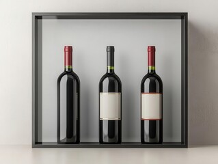 A modern glass box displaying premium wine bottles on a reflective surface, emphasizing luxury and highquality craftsmanship