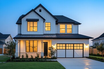 Modern Architectural Design of a Stylish Two-Story House with Warm Lights and a Beautiful Lawn at Dusk, Showcasing Contemporary Home Features and Curb Appeal