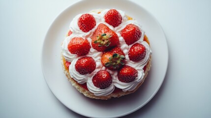 上から見た白い皿に盛られたおいしいイチゴのショートケーキ