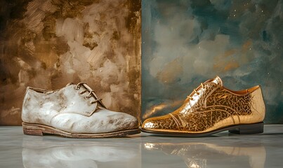 Obraz premium An artistic arrangement of an old, worn shoe alongside a luxurious golden shoe with contrasting backgrounds