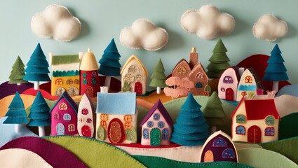 Image of a village scene, crafted from a vibrant array of felt fabrics,  evoking a sense of warmth and coziness, with delicate stitching and embroidery details throughout
