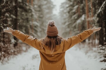 Photo of a happy woman throwing snow joyfully in a serene winter forest.