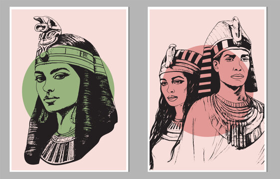 A set of hand-drawn illustrations featuring ancient Egyptian figures in traditional attire, abstract style with colorful geometric elements. Tempura design for print, canvas, poster
