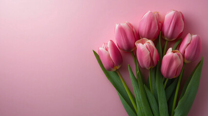 Pink Tulips Bouquet on Pink Background Spring Flowers Mothers Day Romance Valentine's Day