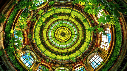 Obraz premium Intricate dome ceiling with vibrant greenery and stained glass