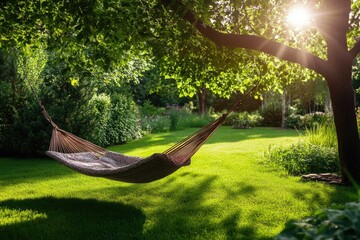 Serene Garden Hammock Swinging Under Warm Sun