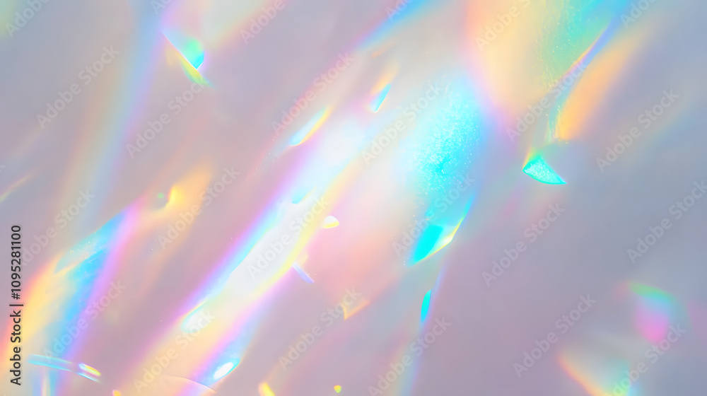 Wall mural dreamy holographic rainbow light refraction texture overlay with abstract soft bokeh effect on a whi