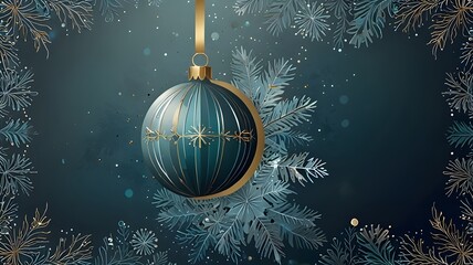 Christmas invitation card art deco design vector. Christmas bauble ball, snowflake, leaf on watercolor blue background. Design illustration for cover, poster, wallpaper, greeting card.