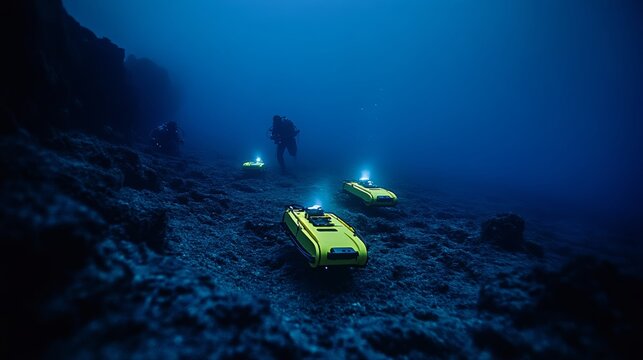 Tiny Explorers: Hydrogen-Powered Micro-Rovers Mapping the Ocean Floor.Concept of Sustainable ocean exploration, autonomous underwater vehicles (AUVs), environmental monitoring, seafloor mapping