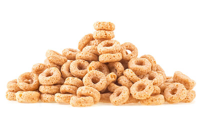 Pile of tasty sweet cereal rings isolated on a white background. Whole grain oat cereals, healthy breakfast for kids.