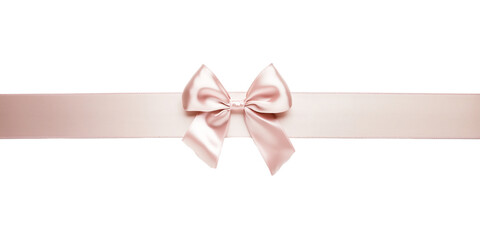 Fototapeta premium Pastel pink satin ribbon bow with long straight silk strips isolated on transparent background, gift wrap decoration design