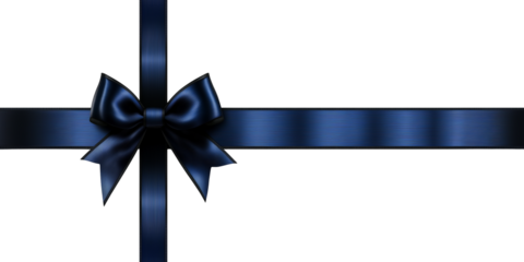 navy blue satin ribbon bow with long straight silk strips isolated on transparent background, gift wrap decoration design