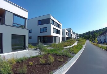 Modern Residential Architecture Emphasizing Sustainable Design with Green Spaces and Linear Pathways in a Serene Suburban Environment Under Clear Blue Skies