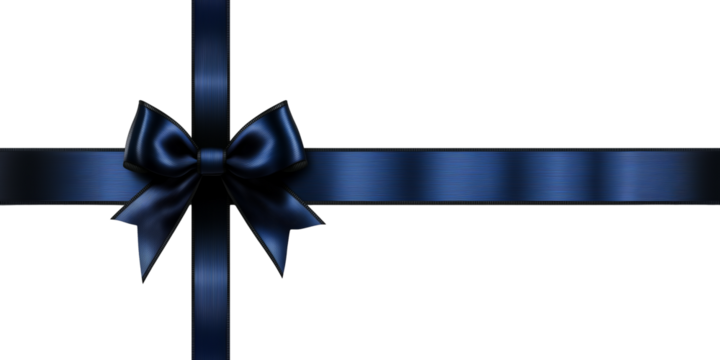 navy blue satin ribbon bow with long straight silk strips isolated on transparent background, gift wrap decoration design