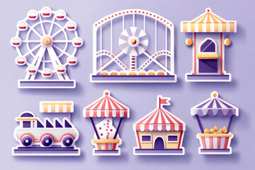 Naklejka premium Amusement park themed stickers, separate objects, non-overlapping separated on white background