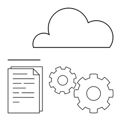 Cloud above document and two gears indicating document storage, cloud computing, and automated workflow processes. Ideal for cloud storage, document management, workflow automation, IT