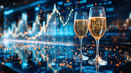 Champagne glasses filled with sparkling beverage signify celebration against a backdrop of financial data and trends