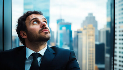 Fototapeta premium A thoughtful businessman in a suit looks out a window at a blurred cityscape contemplating his future and career goals