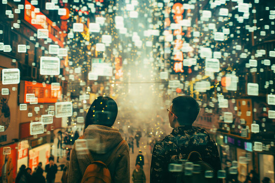 Two friends explore a vibrant street filled with floating text bubbles in a surreal urban landscape at night - Powered by Adobe