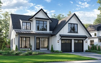 Modern Two-Story Residential Home with Contemporary Design and Spacious Lawn Surrounded by Trees Under a Clear Blue Sky