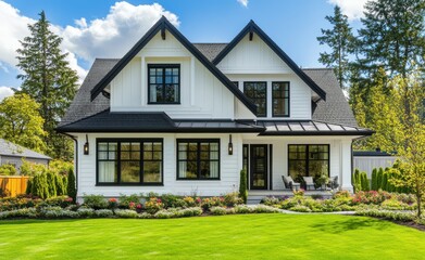 Modern White House Surrounded by Lush Green Lawn and Colorful Flower Beds Under a Bright Blue Sky with Fluffy White Clouds