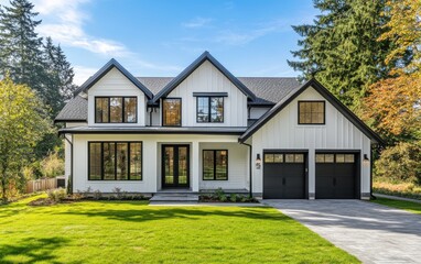 Obraz premium Modern White House with Black Trim Surrounded by Lush Greenery Under Clear Blue Sky, Ideal for Real Estate Marketing and Architectural Photography Use