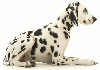 Playful Dalmatian Dog Relaxing on a White Background with Distinctive Black Spots and Bright Blue Eyes, Showcasing a Unique and Charming Canine Personality