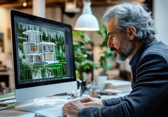 Professional Architect Using Computer Software to Design Modern Home with Advanced 3D Rendering Techniques in Bright and Creative Office Environment