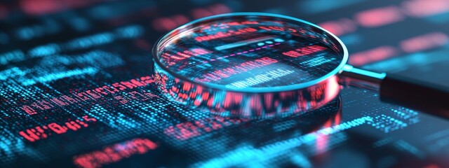 Digital Security Under the Magnifying Glass.Concept of Cybersecurity, digital privacy, vulnerability assessment, risk management,Cybersecurity, IT security, information technology, software developmen
