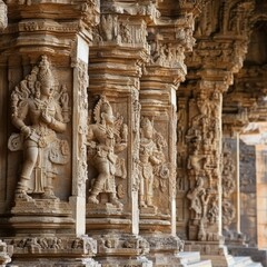 Ancient stone pillars, intricately carved figures.