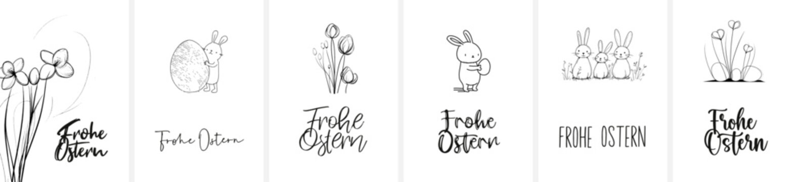 6x Osterkarten-Motiv (Din Format) mit dem Schriftzug "Frohe Ostern"; moderne perfekte Typo (Kalligrafie Sch&ouml;nschrift) + Font & Symbol komplett als Pfade