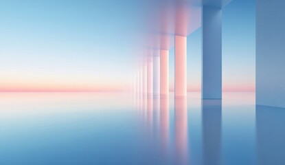 Serene Abstract Space with Columns and Reflections Under a Gradient Sky Creating a Tranquil Atmosphere of Light and Color