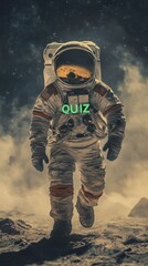 Astronaut Quiz in Space: An astronaut on an extraterrestrial landscape for a quiz about universe, wearing a space suit.
