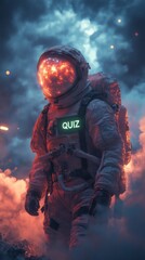 Fototapeta premium Astronautic Quiz in the Cosmos: An astronaut stands in an awe-inspiring cosmos of swirling clouds, illuminated by a neon sign, suggesting a world of knowledge, experience and space exploration.
