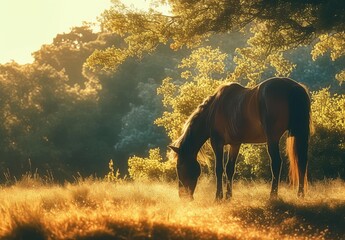 Fototapeta premium Serene Golden Sunset with a Grazing Horse in a Lush Meadow Surrounded by Vibrant Greenery and Soft Sunlight Filtering Through Tree Canopy