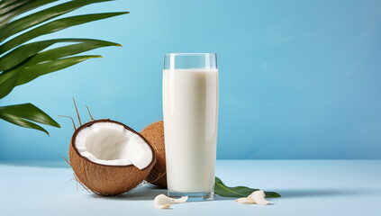Coconut milk smoothie in glass with coconuts and palm leaves on light blue background
