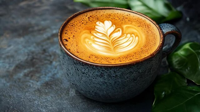 Steaming cup of cappuccino with creamy foam. Perfectly crafted latte art on the surface. Close-up capturing warmth.
