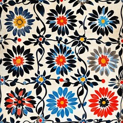 Fototapeta premium Colorful floral pattern, painted flowers, off-white background.